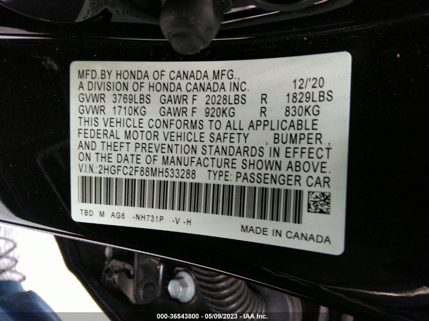 2021 HONDA CIVIC SEDAN SPORT - 2HGFC2F88MH533288