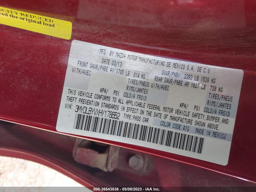 VIN 3MYDLBYVXHY178652 2017 TOYOTA YARIS IA