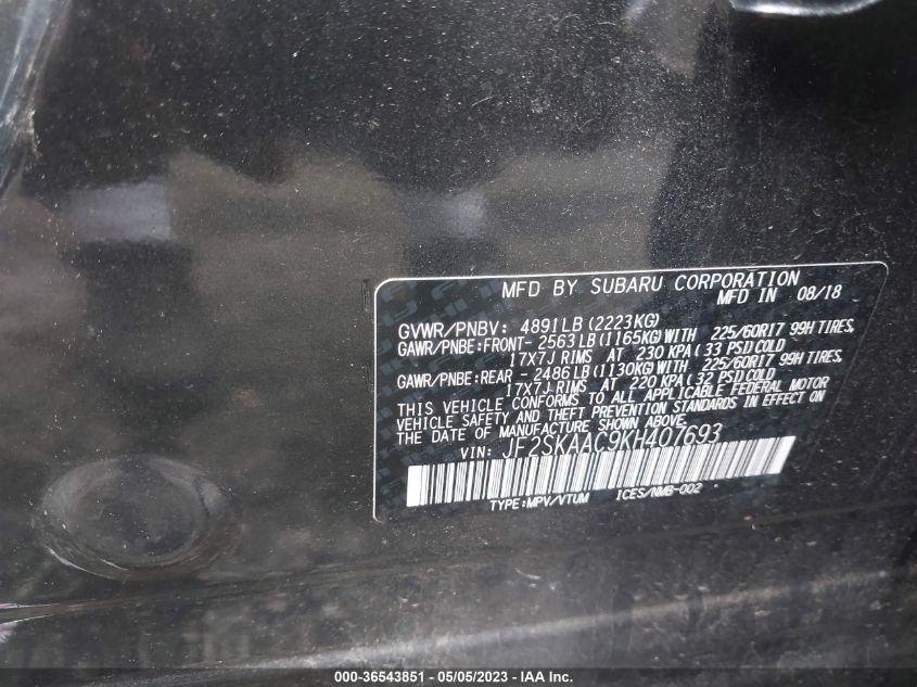 2019 SUBARU FORESTER - JF2SKAAC9KH407693