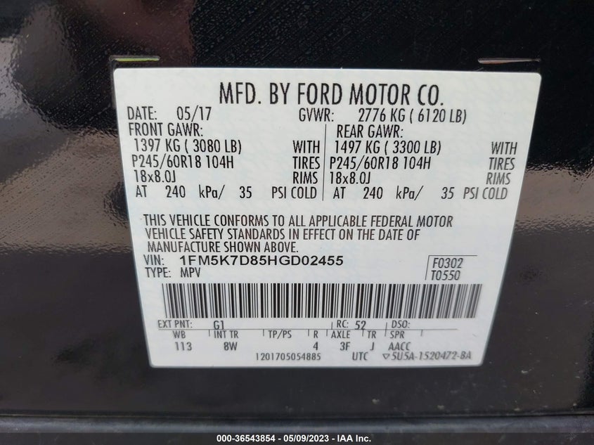 VIN 1FM5K7D85HGD02455 2017 FORD EXPLORER XLT