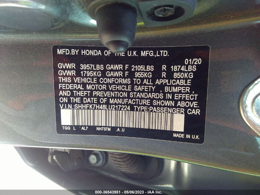 2020 HONDA CIVIC HATCHBACK SPORT - SHHFK7H48LU217224