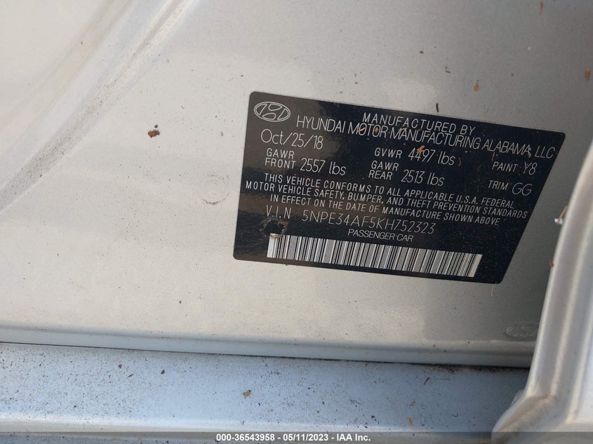 VIN 5NPE34AF5KH752323 2019 HYUNDAI SONATA SEL