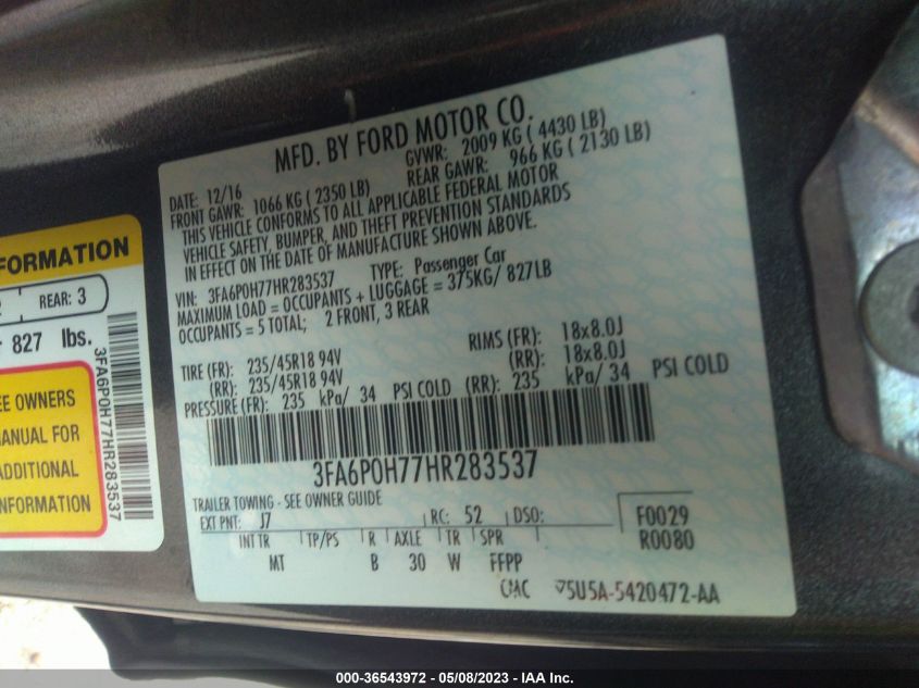 2017 FORD FUSION SE - 3FA6P0H77HR283537