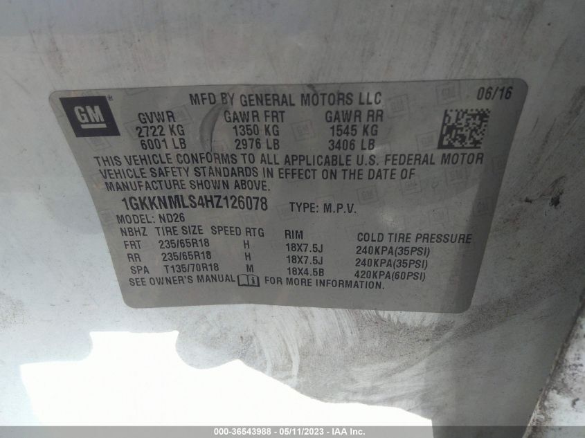 2017 GMC ACADIA SLT - 1GKKNMLS4HZ126078