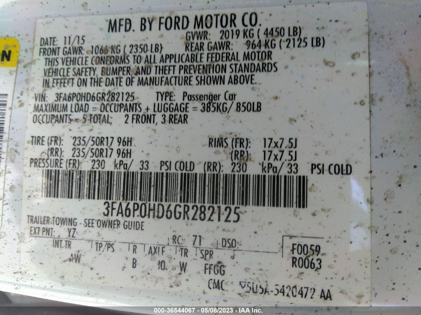 2016 FORD FUSION SE - 3FA6P0HD6GR282125
