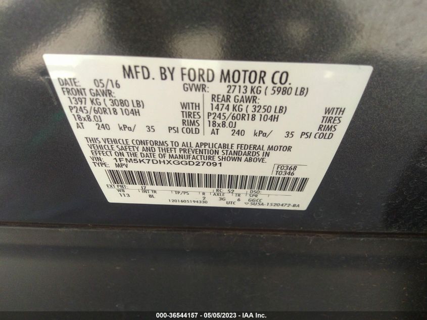 2016 FORD EXPLORER XLT - 1FM5K7DHXGGD27091