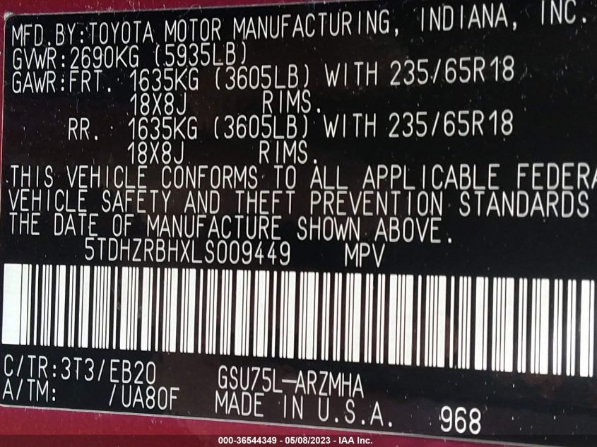 2020 TOYOTA HIGHLANDER XLE - 5TDHZRBHXLS009449
