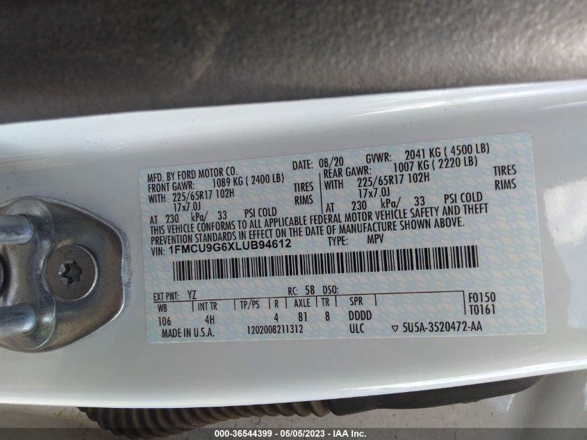 2020 FORD ESCAPE SE - 1FMCU9G6XLUB94612