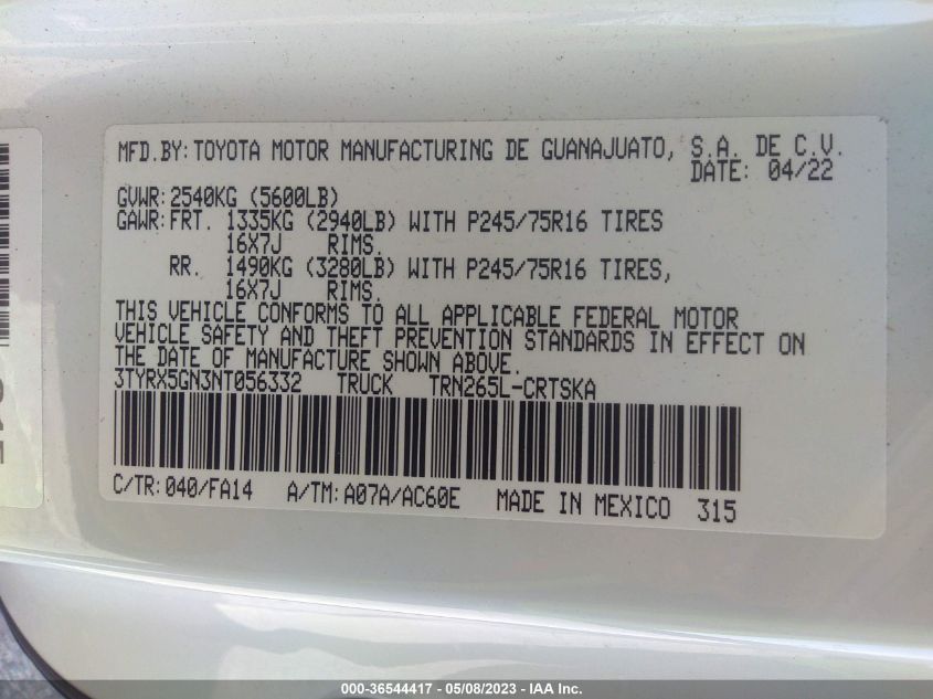 2022 TOYOTA TACOMA 2WD SR/SR5 - 3TYRX5GN3NT056332