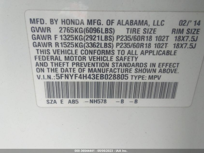 2014 HONDA PILOT EX - 5FNYF4H43EB028805