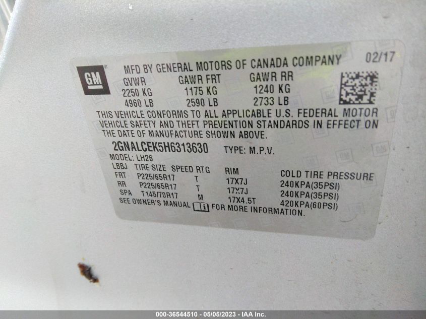 2017 CHEVROLET EQUINOX LT - 2GNALCEK5H6313630