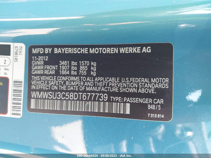 2013 MINI COOPER HARDTOP - WMWSU3C58DT677739
