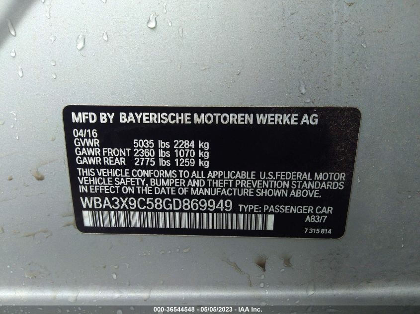 2016 BMW 3 SERIES GRAN TURISMO 335I XDRIVE WBA3X9C58GD869949