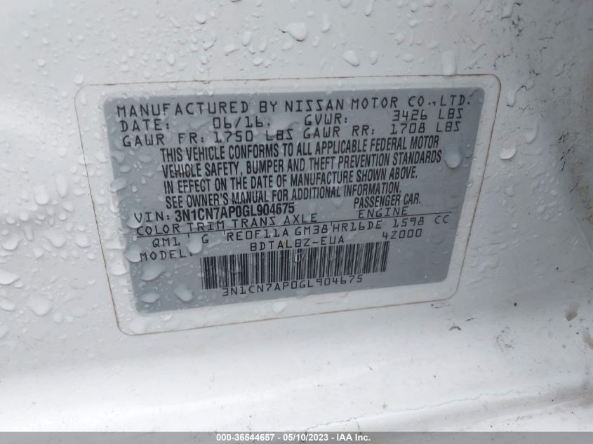 2016 NISSAN VERSA S/S PLUS/SL/SV - 3N1CN7AP0GL904675
