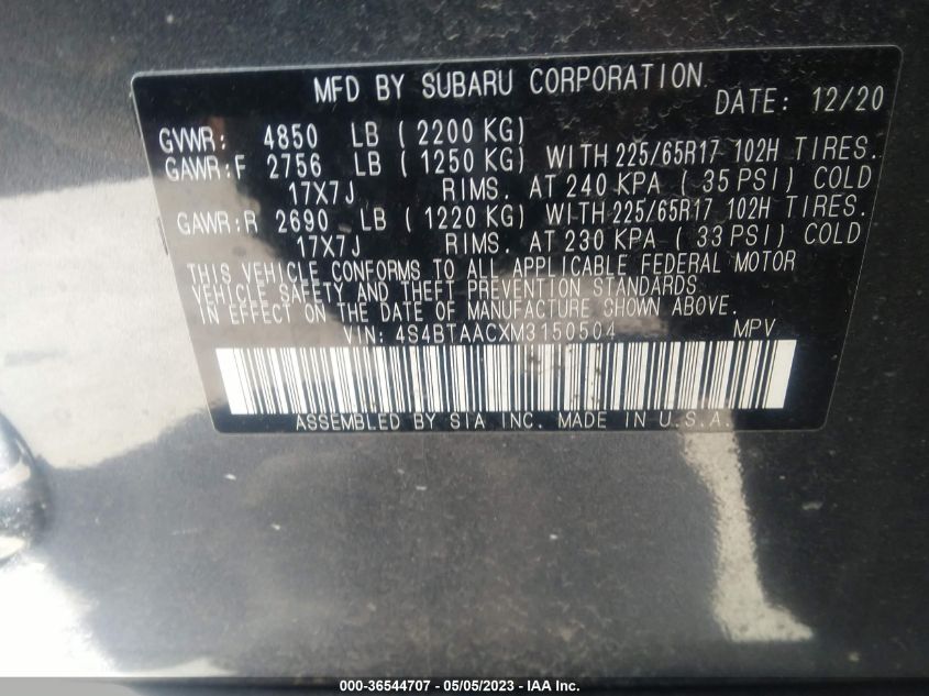 2021 SUBARU OUTBACK - 4S4BTAACXM3150504