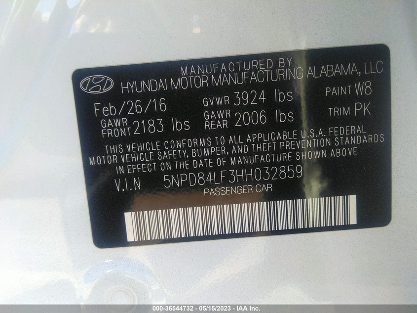 VIN 5NPD84LF3HH032859 2017 HYUNDAI ELANTRA SE