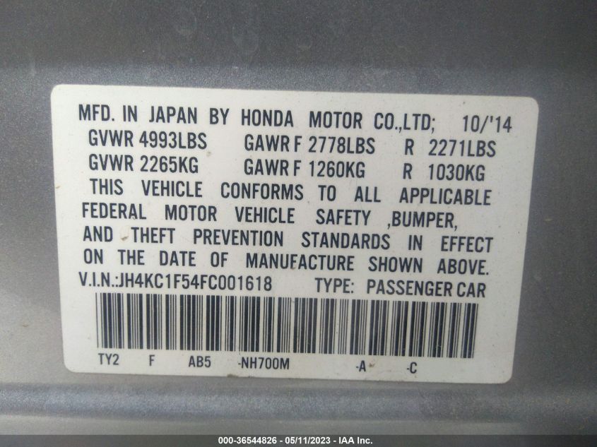 2015 ACURA RLX TECH PKG JH4KC1F54FC001618