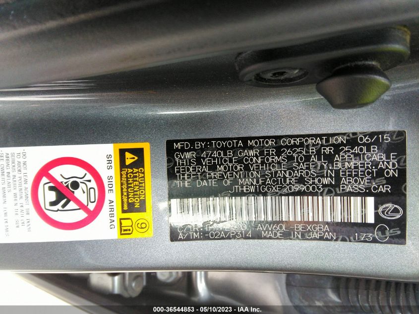 2015 LEXUS ES 300H HYBRID - JTHBW1GGXF2099003