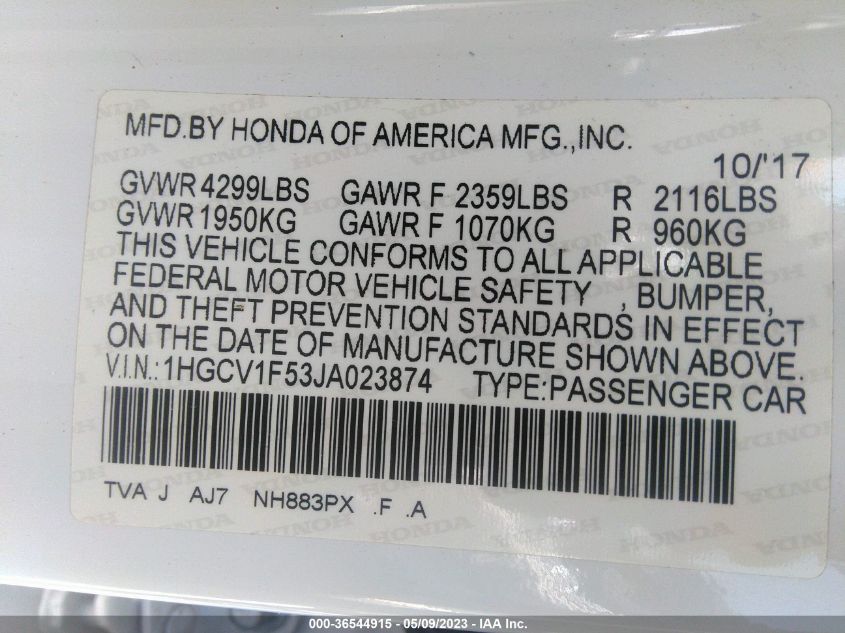 2018 HONDA ACCORD SEDAN EX-L 1.5T - 1HGCV1F53JA023874
