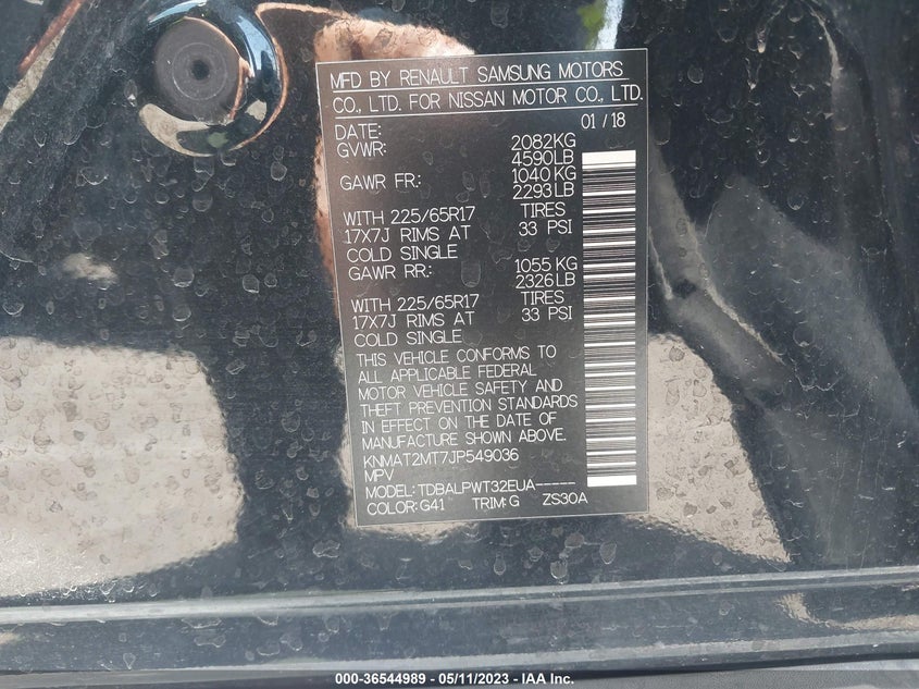 VIN KNMAT2MT7JP549036 2018 NISSAN ROGUE S