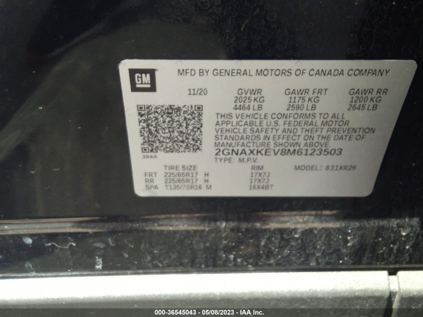 2021 CHEVROLET EQUINOX LT - 2GNAXKEV8M6123503