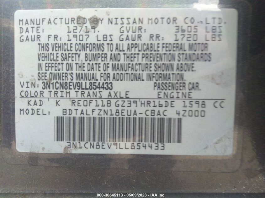 2020 NISSAN VERSA SV - 3N1CN8EV9LL854433