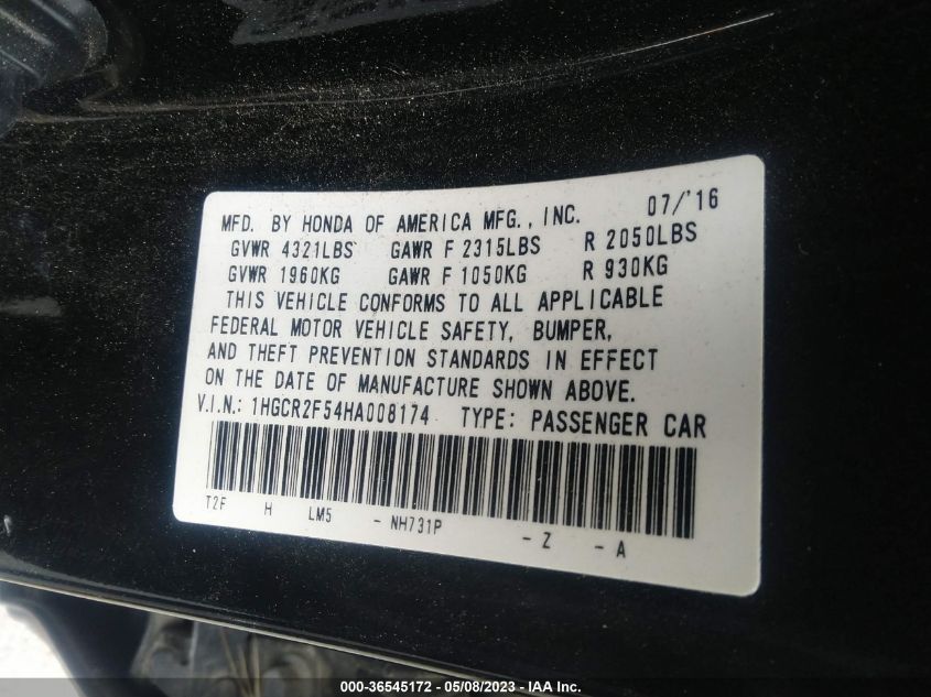 2017 HONDA ACCORD SEDAN SPORT - 1HGCR2F54HA008174