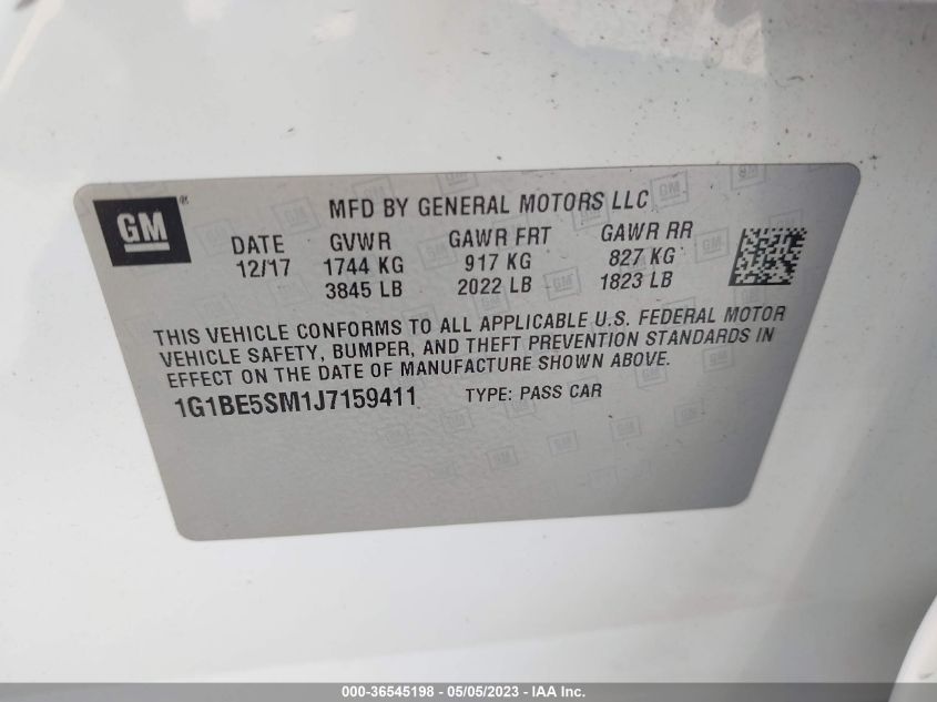 2018 CHEVROLET CRUZE LT - 1G1BE5SM1J7159411