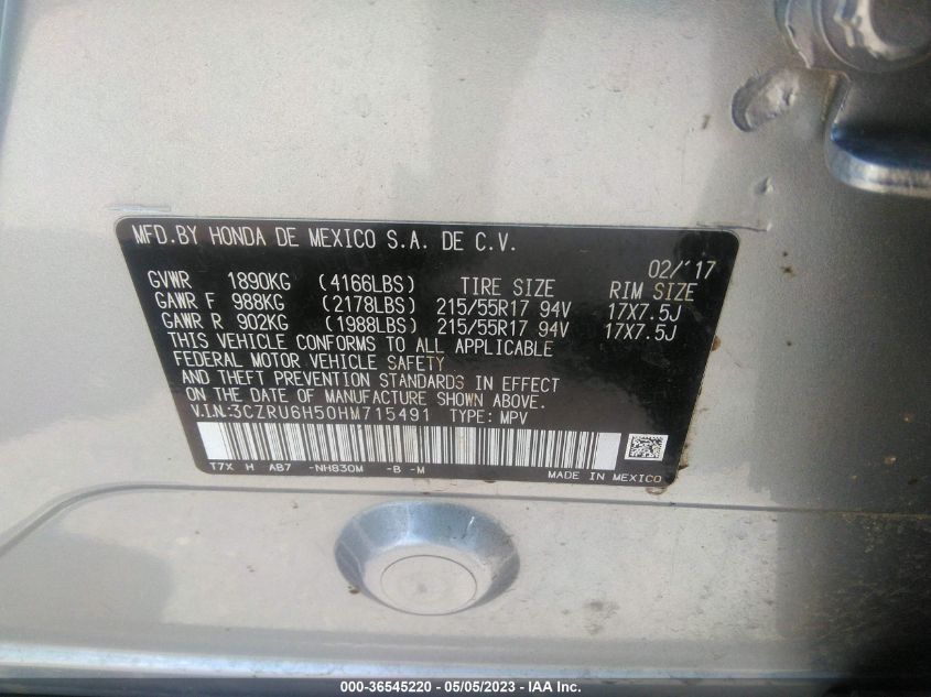 2017 HONDA HR-V EX - 3CZRU6H50HM715491
