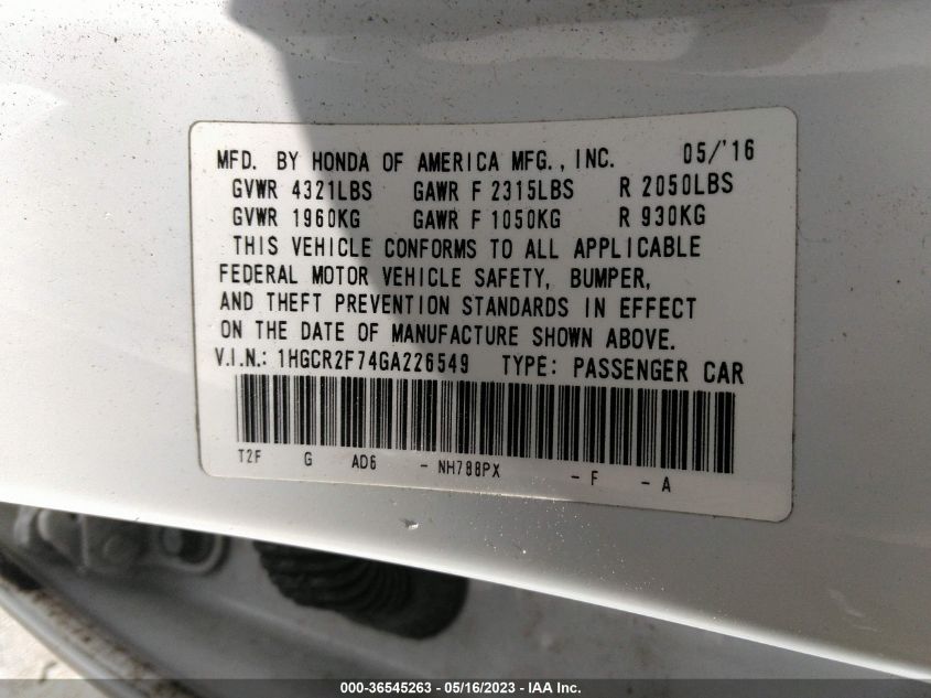 2016 HONDA ACCORD SEDAN EX - 1HGCR2F74GA226549