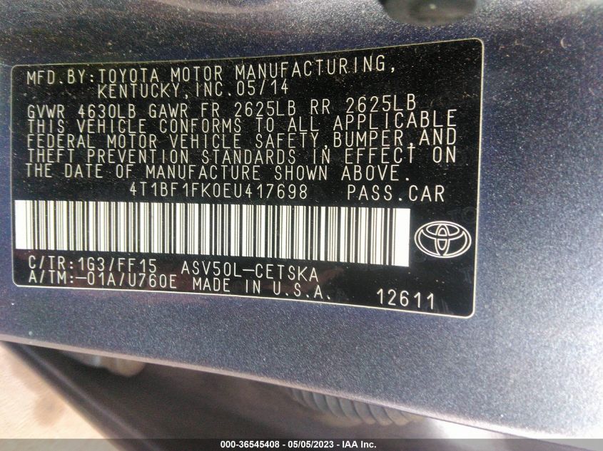2014 TOYOTA CAMRY L/LE/XLE/SE/SE SPORT - 4T1BF1FK0EU417698