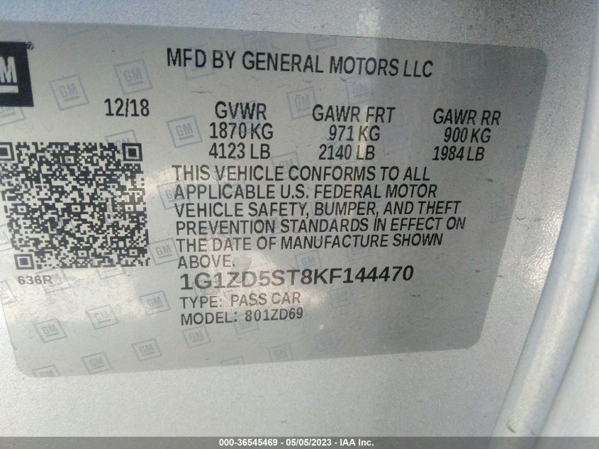 2019 CHEVROLET MALIBU LT - 1G1ZD5ST8KF144470