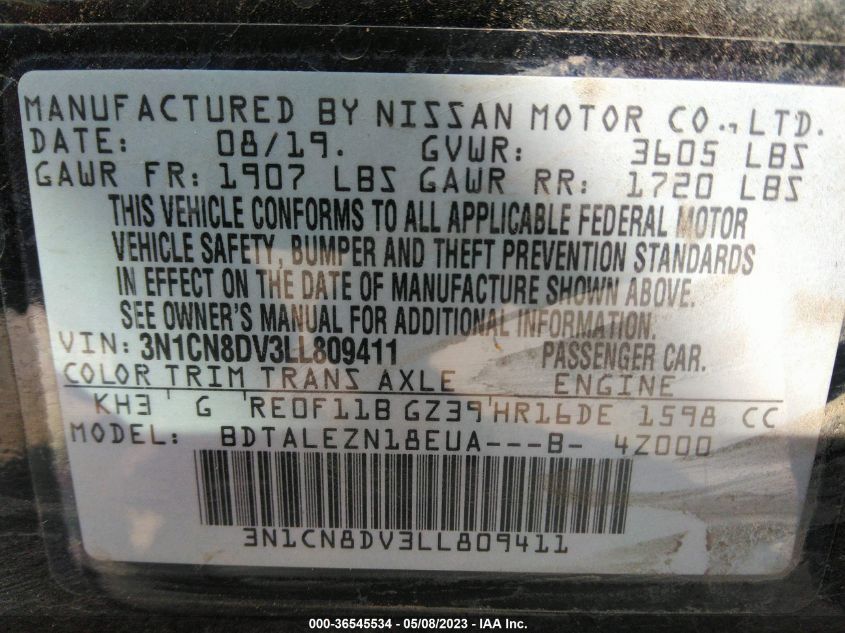 2020 NISSAN VERSA S - 3N1CN8DV3LL809411