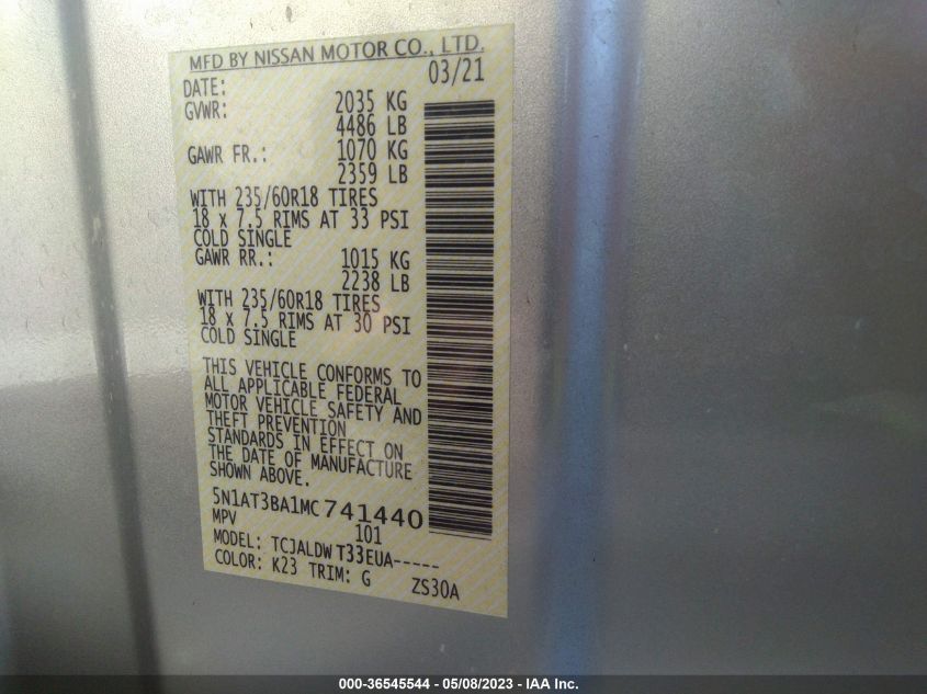 2021 NISSAN ROGUE SV - 5N1AT3BA1MC741440