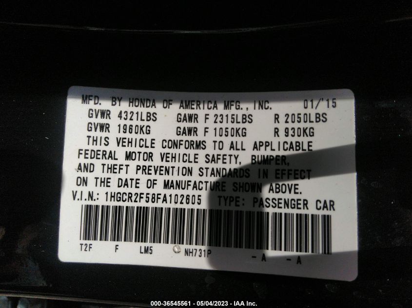 2015 HONDA ACCORD SEDAN SPORT - 1HGCR2F58FA102605