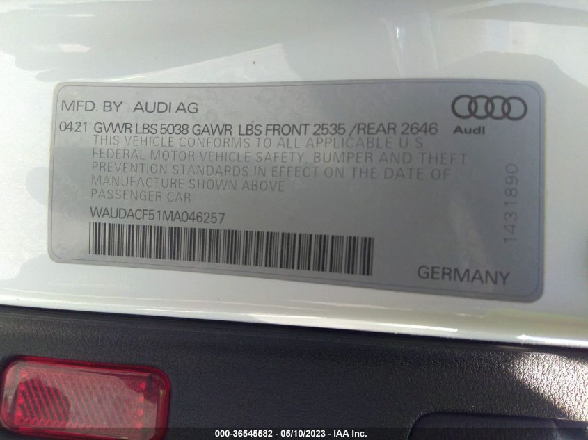 2021 AUDI A5 SPORTBACK S LINE PREMIUM - WAUDACF51MA046257
