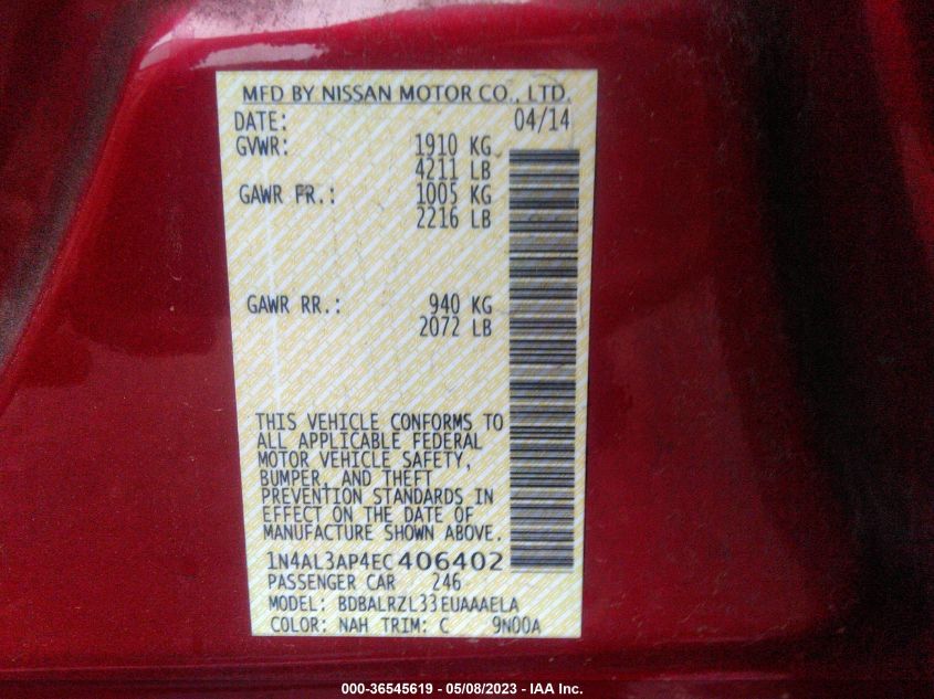 2014 NISSAN ALTIMA 2.5 S - 1N4AL3AP4EC406402