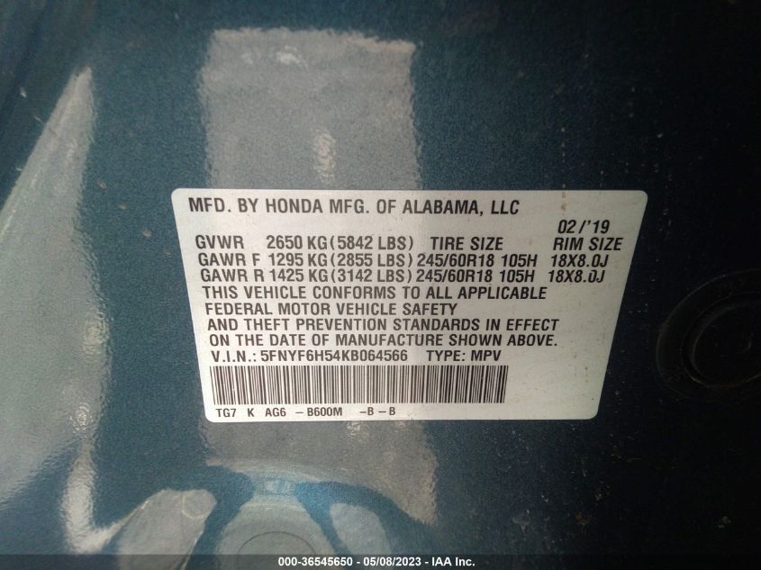 2019 HONDA PILOT EX-L - 5FNYF6H54KB064566