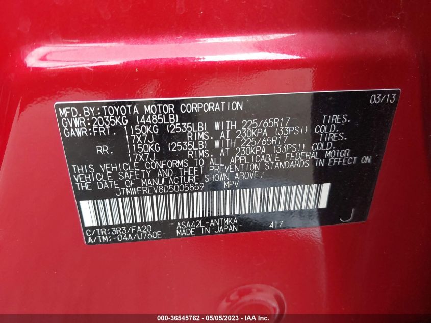 2013 TOYOTA RAV4 XLE - JTMWFREV8D5005859