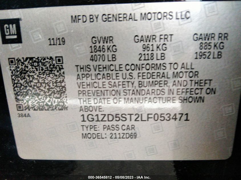 2020 CHEVROLET MALIBU LT - 1G1ZD5ST2LF053471