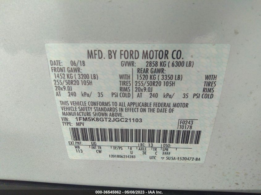2018 FORD EXPLORER SPORT - 1FM5K8GT2JGC21103