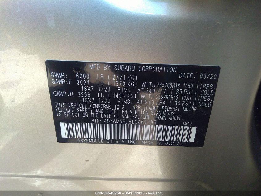 2020 SUBARU ASCENT PREMIUM - 4S4WMAFD6L3464195