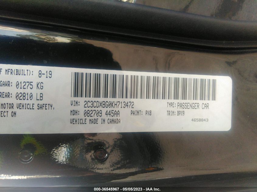 2019 DODGE CHARGER SXT - 2C3CDXBG0KH713472