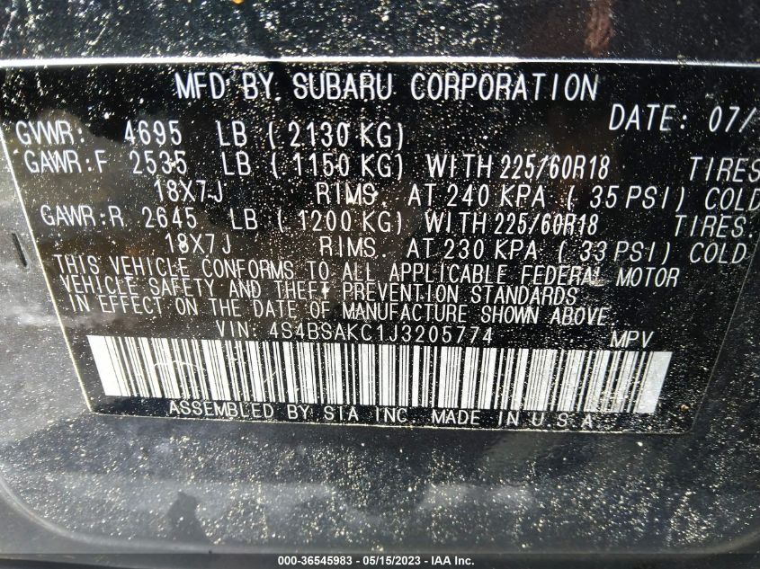 2018 SUBARU OUTBACK LIMITED - 4S4BSAKC1J3205774