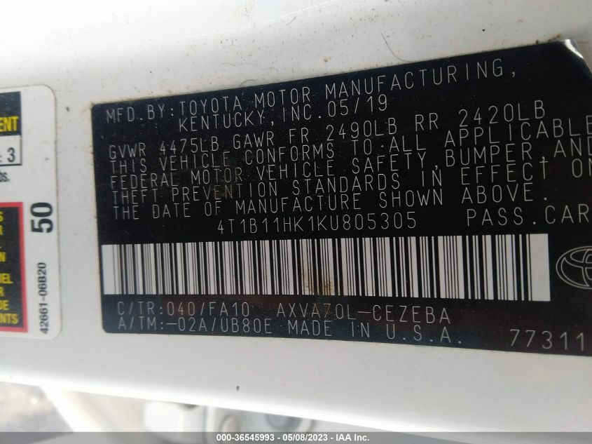 2019 TOYOTA CAMRY LE/SE/XLE/L - 4T1B11HK1KU805305