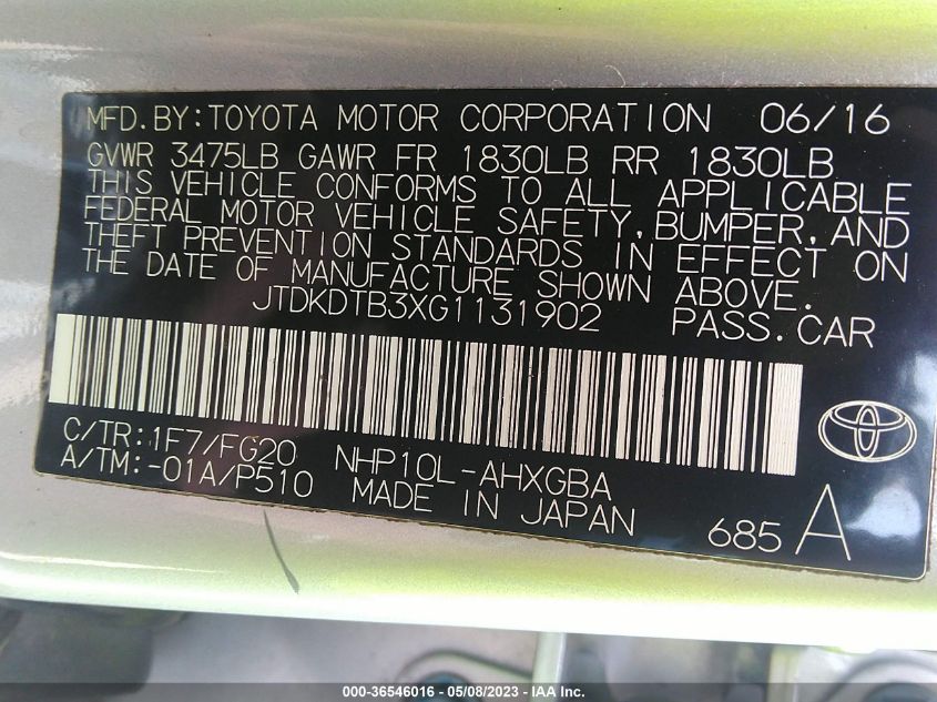 2016 TOYOTA PRIUS C ONE/TWO/THREE/FOUR - JTDKDTB3XG1131902