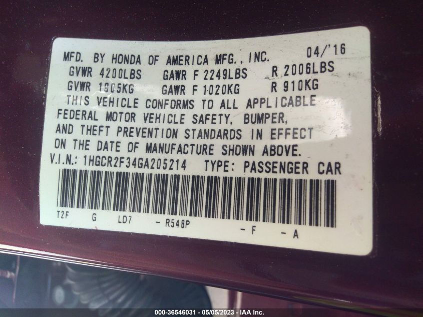 2016 HONDA ACCORD SEDAN LX - 1HGCR2F34GA205214