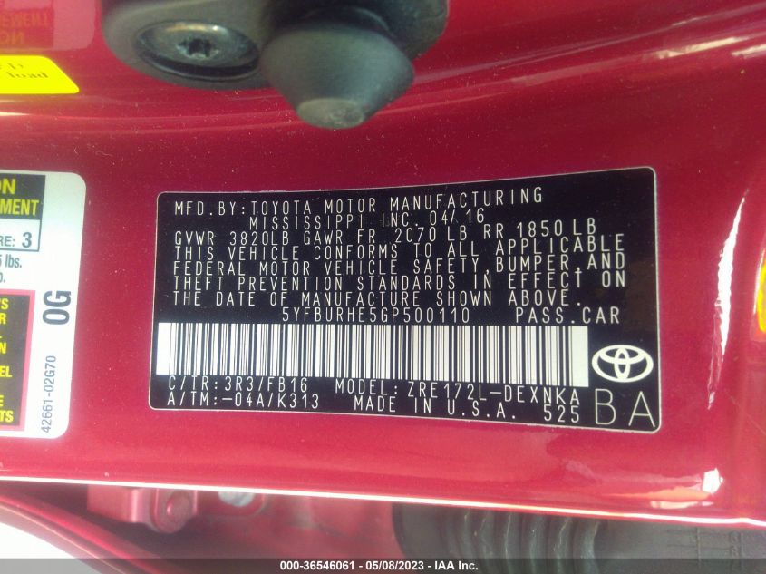 2016 TOYOTA COROLLA L/LE/S/S PLUS/LE PLUS - 5YFBURHE5GP500110
