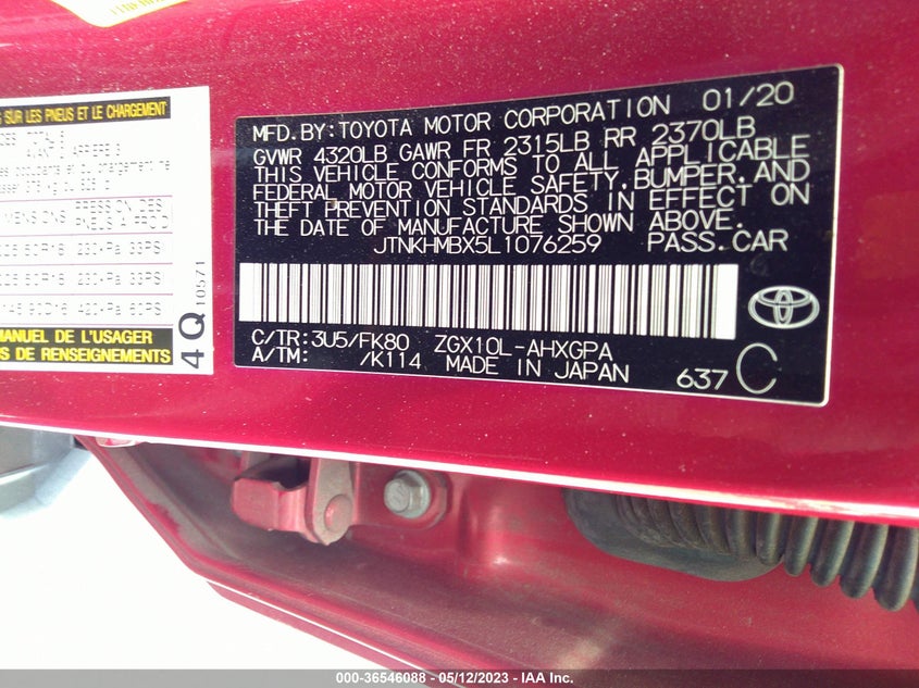 VIN JTNKHMBX5L1076259 2020 TOYOTA C-HR LE/XLE/LIMITED