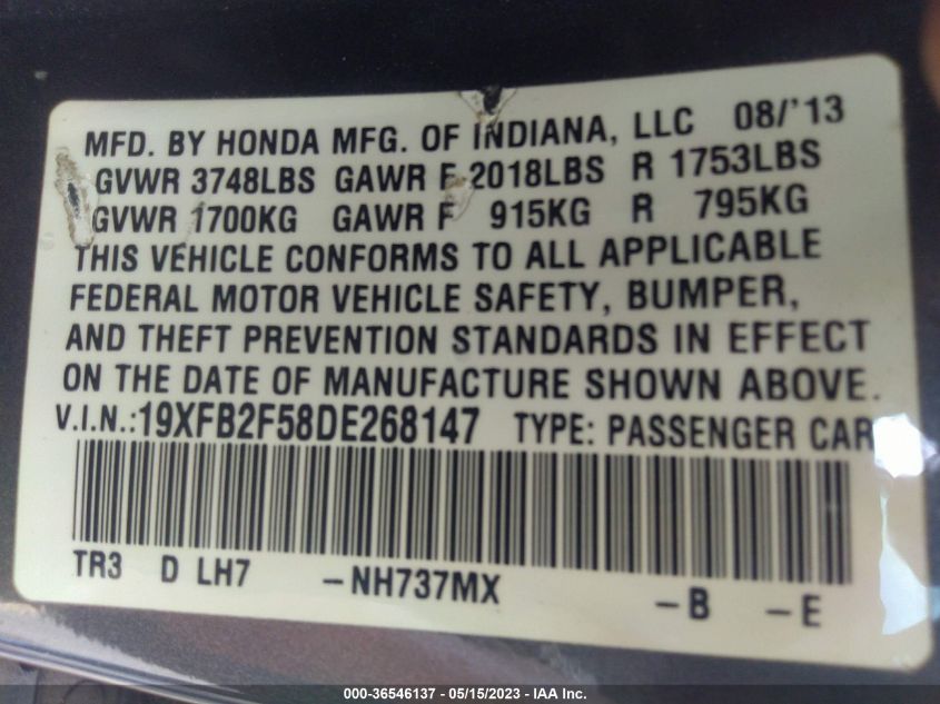 2013 HONDA CIVIC SDN LX - 19XFB2F58DE268147